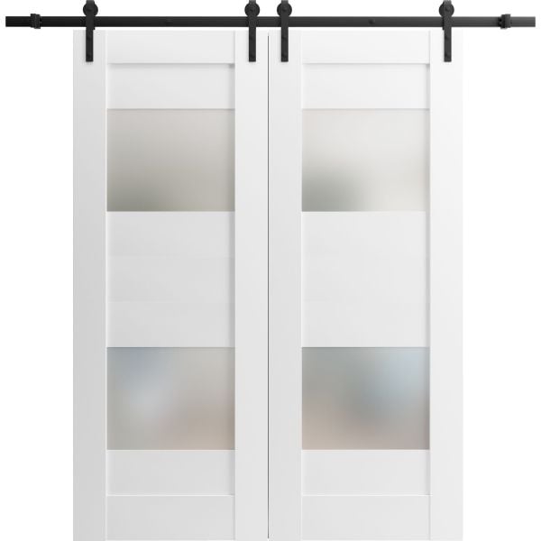 Modern Double Barn Door with Opaque Glass 2 Lites / Sete 6222 White Silk / 13FT Rail Track Set / Solid Panel Interior Doors