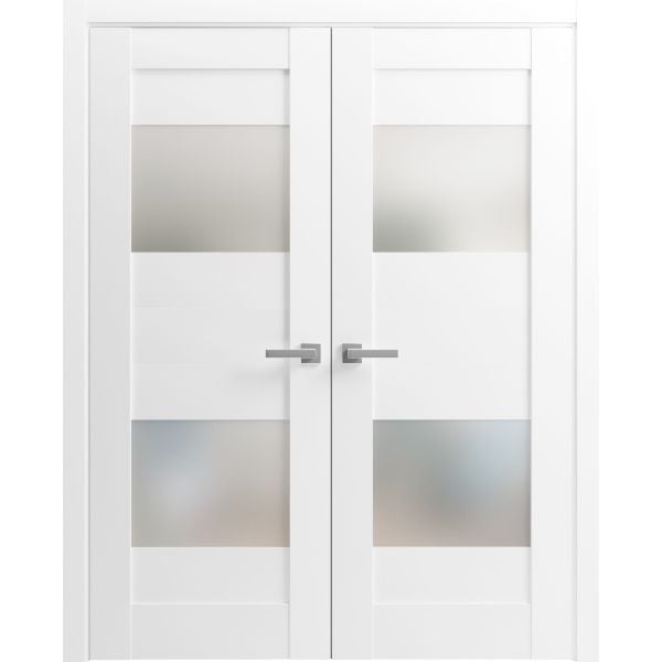Solid French Double Doors Opaque Glass 2 Lites / Sete 6222 White Silk / Wood Solid Panel Frame / Closet Bedroom Modern Doors -36" x 80"-Butterfly