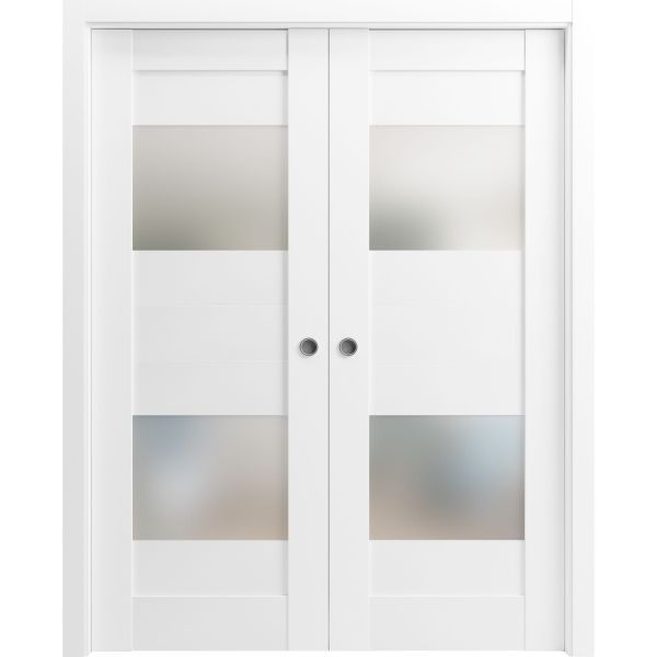Sliding French Double Pocket Doors Opaque Glass 2 Lites / Sete 6222 White Silk / Kit Rail Hardware / MDF Interior Bedroom Modern Doors