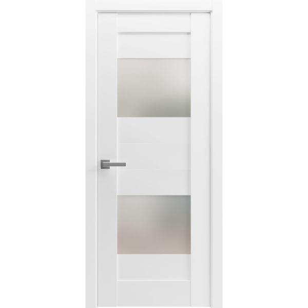 Solid French Door 2 Lites / Sete 6222 White Silk with Frosted Glass / Single Regular Panel Frame Handle / Bathroom Bedroom Modern Doors 