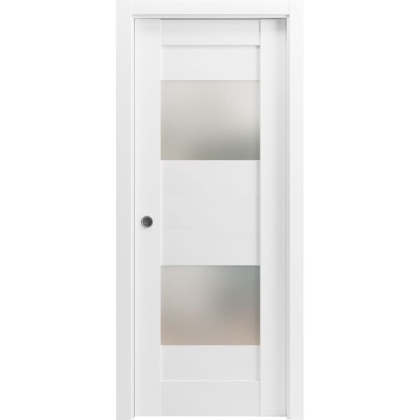 Sliding Pocket Door 18 x 80 inches with Opaque Glass 2 Lites / Sete 6222 White Silk / Kit Rail Hardware / MDF Interior Bedroom Modern Doors
