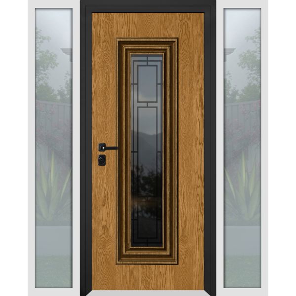 Front Exterior Prehung Steel Door / Ballucio 6644 Natural Oak / 2 Side Exterior Windows Sidelites/ Entry Metal Modern Painted W16+36+16" x H80" Right hand Inswing