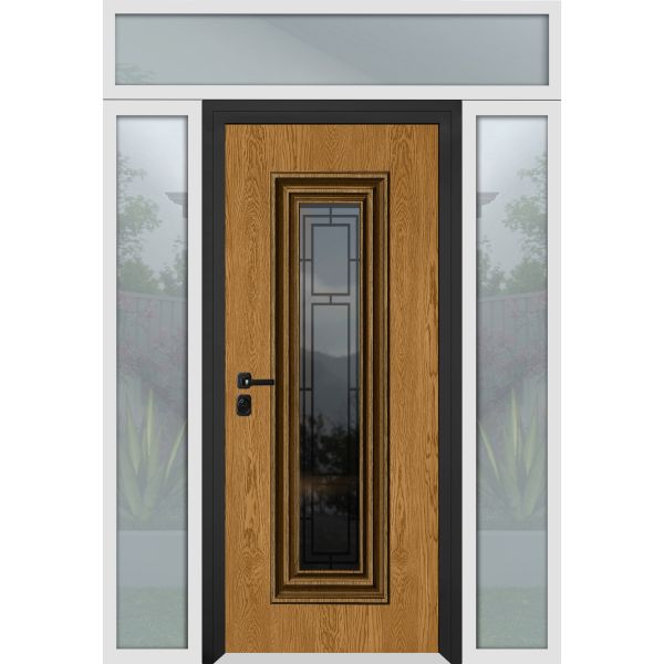 Front Exterior Prehung Steel Door / Ballucio 6644 Natural Oak / 2 Side and Top Exterior Window Sidelite / Entry Metal Modern Painted W16+36+16" x H80+16" Right hand Inswing