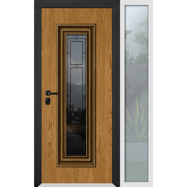 Front Exterior Prehung Steel Door / Ballucio 6644 Natural Oak / Side Exterior Window Sidelite / Entry Metal Modern Painted W36+14" x H80" Right hand Inswing