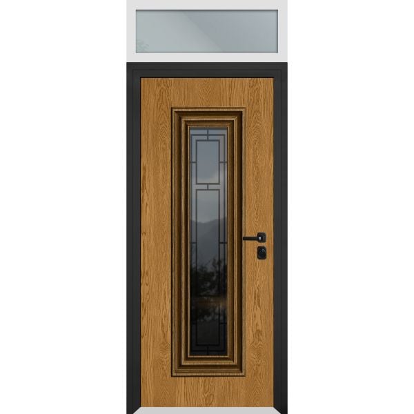Front Exterior Prehung Steel Door / Ballucio 6644 Natural Oak / Top Exterior Window Sidelite / Entry Metal Modern Painted W36" x H80+16" Left hand Inswing