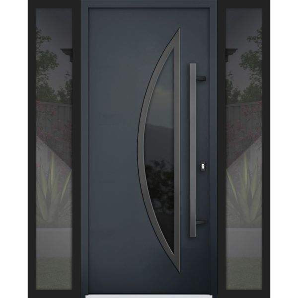 Front Exterior Prehung Steel Door / Deux 6501 Black / 2 Sidelight Exterior Windows / Stainless Inserts Single Modern Painted-W12+36+12" x H80"-Left-hand Inswing