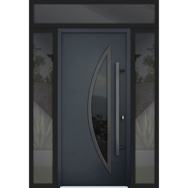Front Exterior Prehung Steel Door / Deux 6501 Anthracite / 2 Sidelight and Transom Window / Stainless Inserts Single Modern Painted-W16+36+16" x H80+16"-Left-hand Inswing