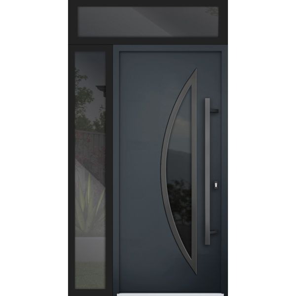 Front Exterior Prehung Steel Door / Deux 6501 Anthracite / Sidelight and Transom Window / Stainless Inserts Single Modern Painted-W36+16" x H80+16"-Left-hand Inswing