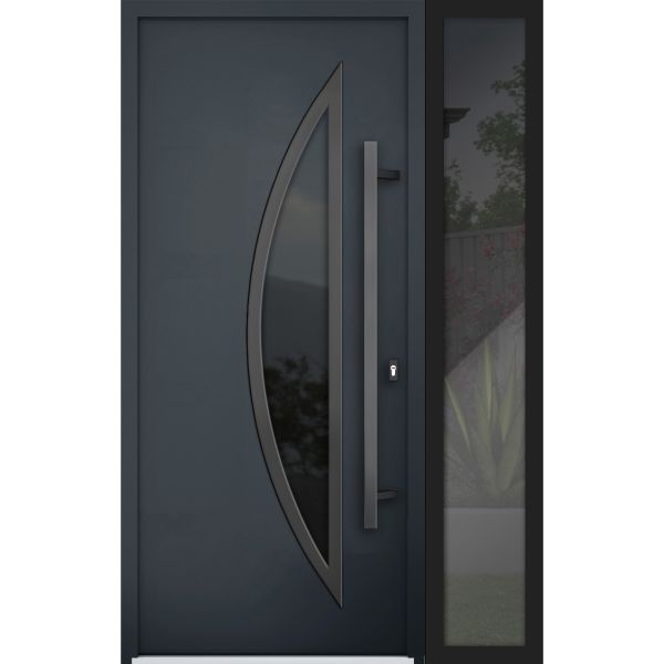 Front Exterior Prehung Steel Door / Deux 6501 Anthracite / Sidelight Exterior Window / Stainless Inserts Single Modern Painted-W36+16" x H80"-Left-hand Inswing