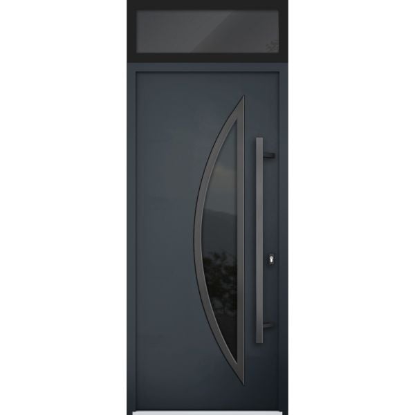 Front Exterior Prehung Steel Door / Deux 6501 Anthracite / Transom Window / Stainless Inserts Single Modern Painted-W36" x H80+16"-Left-hand Inswing