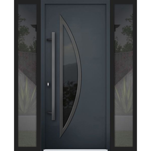 Front Exterior Prehung Steel Door / Deux 6501 Black / 2 Sidelight Exterior Windows / Stainless Inserts Single Modern Painted-W12+36+12" x H80"-Right-hand Inswing