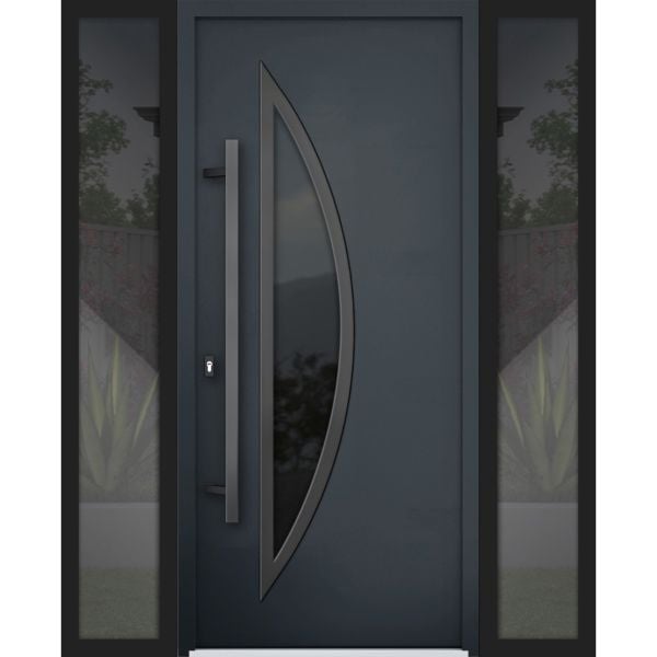 Front Exterior Prehung Steel Door / Deux 6501 Black / 2 Sidelight Exterior Windows / Stainless Inserts Single Modern Painted-W14+36+14" x H80"-Right-hand Inswing