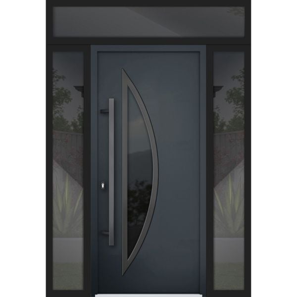 Front Exterior Prehung Steel Door / Deux 6501 Black / 2 Side and Top Exterior Window / Stainless Inserts Single Modern Painted-W12+36+12" x H80+16"-Right-hand Inswing