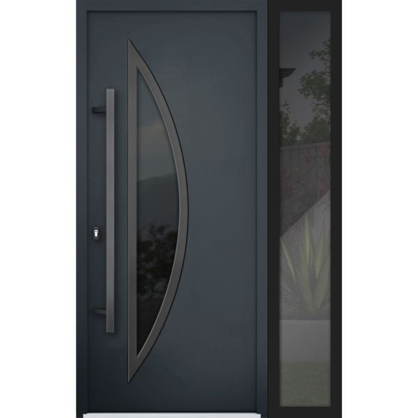 Front Exterior Prehung Steel Door / Deux 6501 Black / Sidelight Exterior Window / Stainless Inserts Single Modern Painted-W36+14" x H80"-Right-hand Inswing