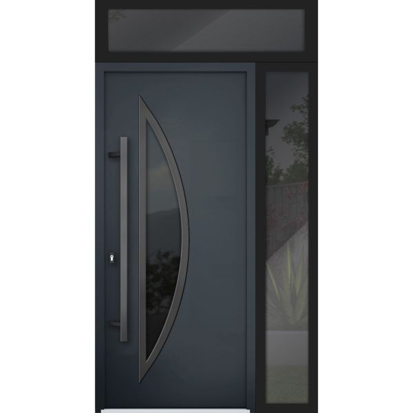 Front Exterior Prehung Steel Door / Deux 6501 Black / Sidelight and Transom Window / Stainless Inserts Single Modern Painted-W36+14" x H80+16"-Right-hand Inswing