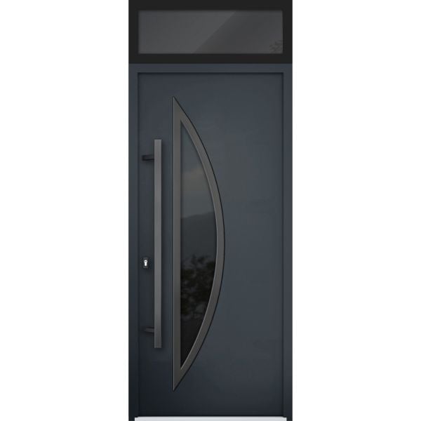 Front Exterior Prehung Steel Door / Deux 6501 Black / Top Exterior Window / Stainless Inserts Single Modern Painted-W36" x H80+16"-Right-hand Inswing