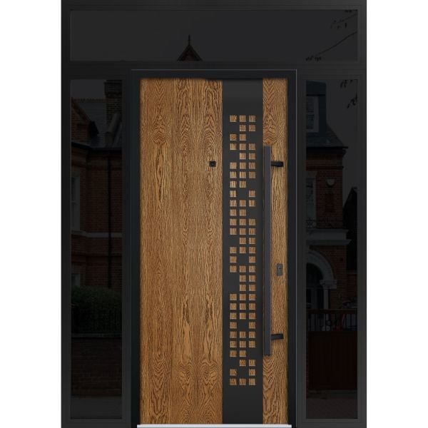 Front Exterior Prehung Steel Door / Deux 6678 Natural Oak / 2 Sidelight and Transom Window Sidelite / Entry Metal Modern Painted W12+36+12" x H80+16" Left hand Inswing
