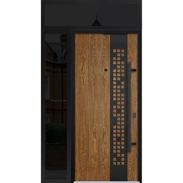 Front Exterior Prehung Steel Door / Deux 6678 Natural Oak / Sidelight and Transom Window Sidelite / Entry Metal Modern Painted W36+12" x H80+16" Left hand Inswing