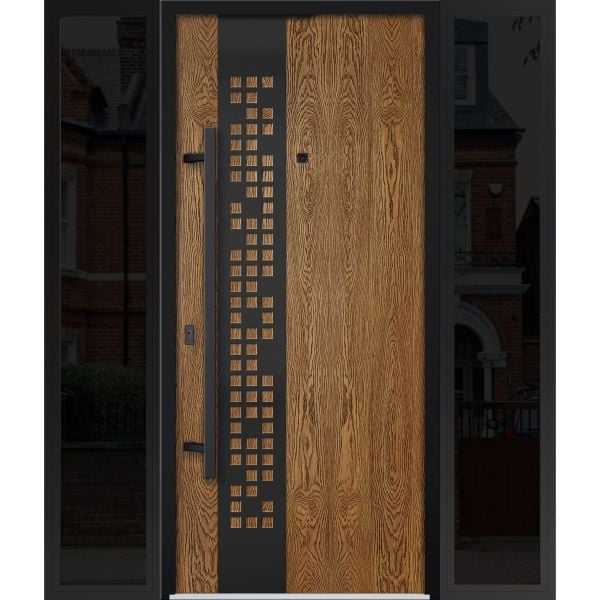 Front Exterior Prehung Steel Door / Deux 6678 Natural Oak / 2 Sidelight Exterior Windows Sidelites/ Entry Metal Modern Painted W12+36+12" x H80" Right hand Inswing
