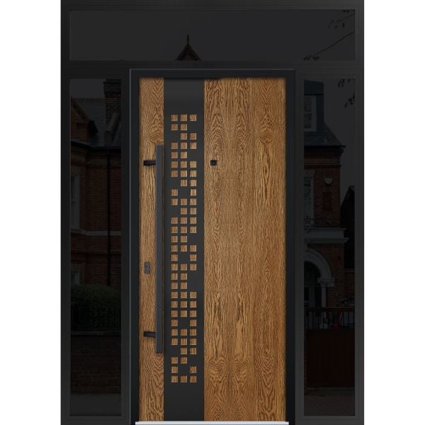 Front Exterior Prehung Steel Door / Deux 6678 Natural Oak / 2 Sidelight and Transom Window Sidelite / Entry Metal Modern Painted W16+36+16" x H80+16" Right hand Inswing