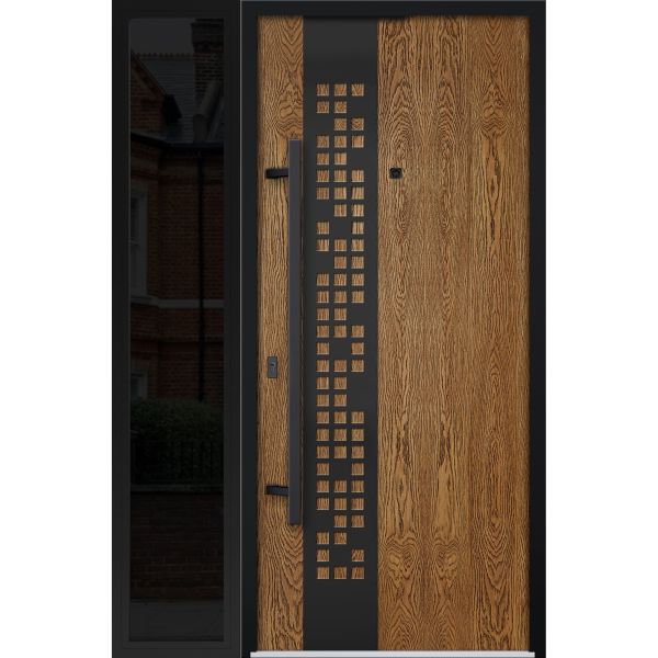 Front Exterior Prehung Steel Door / Deux 6678 Natural Oak / Sidelight Exterior Window Sidelite / Entry Metal Modern Painted W36+16" x H80" Right hand Inswing
