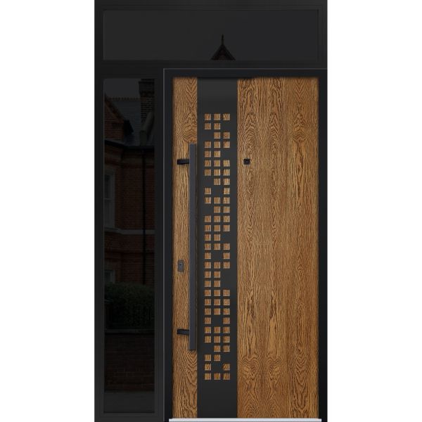 Front Exterior Prehung Steel Door / Deux 6678 Natural Oak / Sidelight and Transom Window Sidelite / Entry Metal Modern Painted W36+16" x H80+16" Right hand Inswing