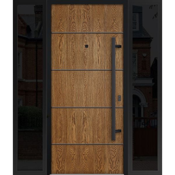 Front Exterior Prehung Steel Door / Deux 6683 Natural Oak / 2 Sidelight Exterior Windows Sidelites/ Entry Metal Modern Painted W12+36+12" x H80" Left hand Inswing