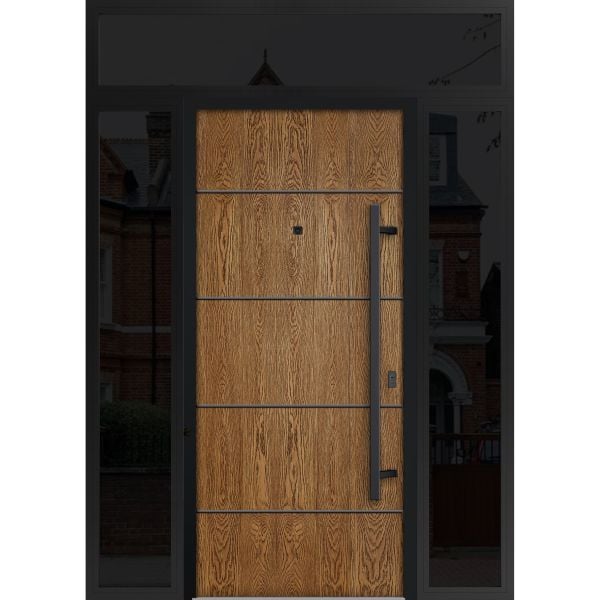 Front Exterior Prehung Steel Door / Deux 6683 Natural Oak / 2 Sidelight and Transom Window Sidelite / Entry Metal Modern Painted W12+36+12" x H80+16" Left hand Inswing