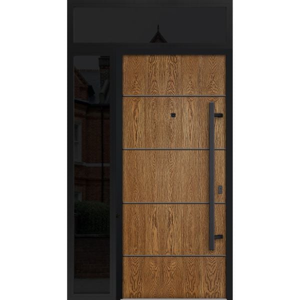 Front Exterior Prehung Steel Door / Deux 6683 Natural Oak / Sidelight and Transom Window Sidelite / Entry Metal Modern Painted W36+12" x H80+16" Left hand Inswing
