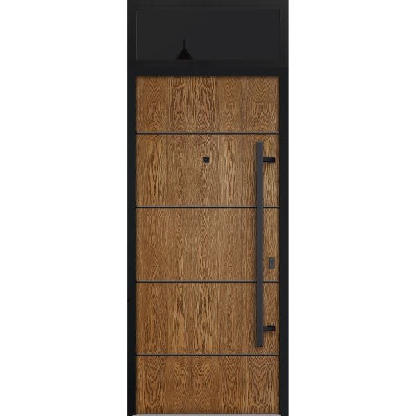 Front Exterior Prehung Steel Door / Deux 6683 Natural Oak / Transom Window Sidelite / Entry Metal Modern Painted W36" x H80+16" Left hand Inswing