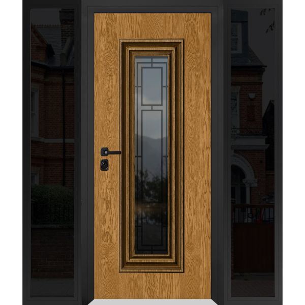Front Exterior Prehung Steel Door / Ballucio 6644 Natural Oak / Black 2 Side Exterior Windows Sidelites/ Entry Metal Modern Painted W16+36+16" x H80" Right hand Inswing