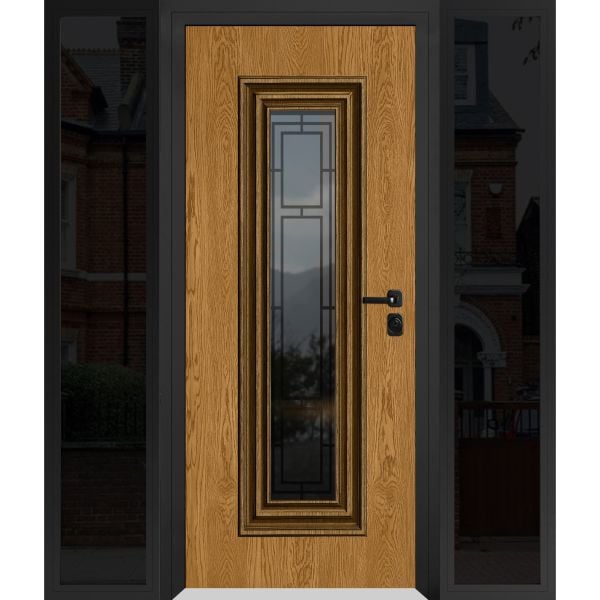 Front Exterior Prehung Steel Door / Ballucio 6644 Natural Oak / Black 2 Side Exterior Windows Sidelites/ Entry Metal Modern Painted W12+36+12" x H80" Left hand Inswing