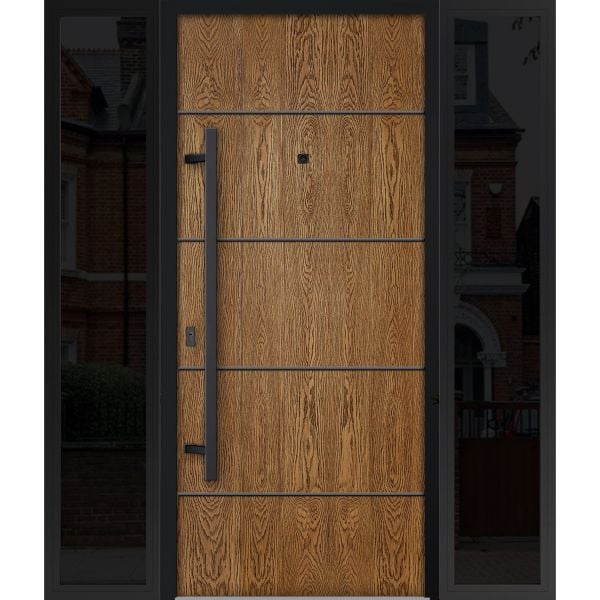 Front Exterior Prehung Steel Door / Deux 6683 Natural Oak / 2 Sidelight Exterior Windows Sidelites/ Entry Metal Modern Painted W14+36+14" x H80" Right hand Inswing