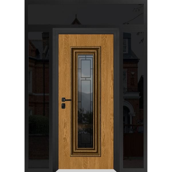 Front Exterior Prehung Steel Door / Ballucio 6644 Natural Oak / Black 2 Side and Top Exterior Window Sidelite / Entry Metal Modern Painted W14+36+14" x H80+16" Right hand Inswing