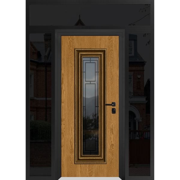 Front Exterior Prehung Steel Door / Ballucio 6644 Natural Oak / Black 2 Side and Top Exterior Window Sidelite / Entry Metal Modern Painted W12+36+12" x H80+16" Left hand Inswing