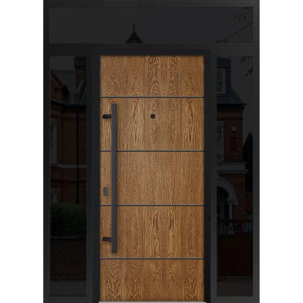 Front Exterior Prehung Steel Door / Deux 6683 Natural Oak / 2 Sidelight and Transom Window Sidelite / Entry Metal Modern Painted W14+36+14" x H80+16" Right hand Inswing