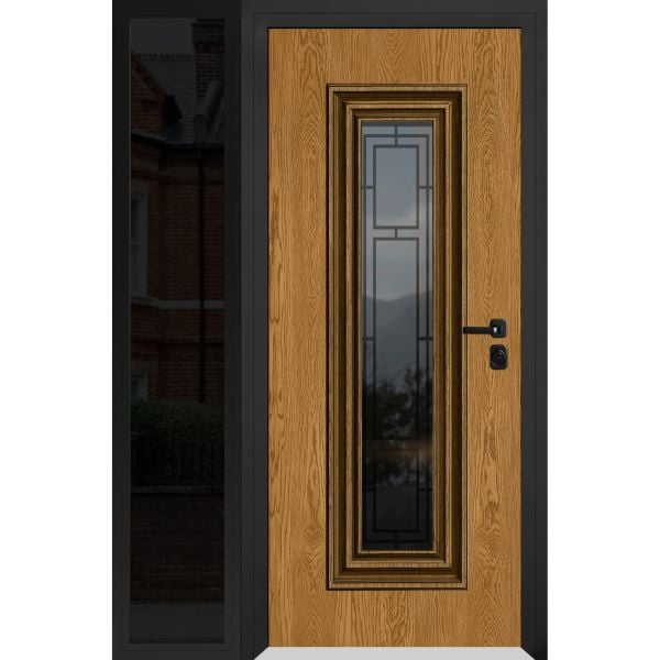 Front Exterior Prehung Steel Door / Ballucio 6644 Natural Oak / Black Side Exterior Window Sidelite / Entry Metal Modern Painted W36+14" x H80" Left hand Inswing