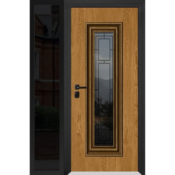 Front Exterior Prehung Steel Door / Ballucio 6644 Natural Oak / Black Side Exterior Window Sidelite / Entry Metal Modern Painted W36+16" x H80" Right hand Inswing