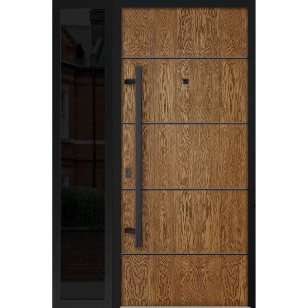 Front Exterior Prehung Steel Door / Deux 6683 Natural Oak / Sidelight Exterior Window Sidelite / Entry Metal Modern Painted W36+16" x H80" Right hand Inswing
