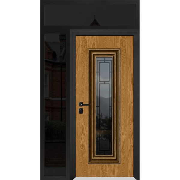 Front Exterior Prehung Steel Door / Ballucio 6644 Natural Oak / Black Side and Top Exterior Window Sidelite / Entry Metal Modern Painted W36+16" x H80+16" Right hand Inswing