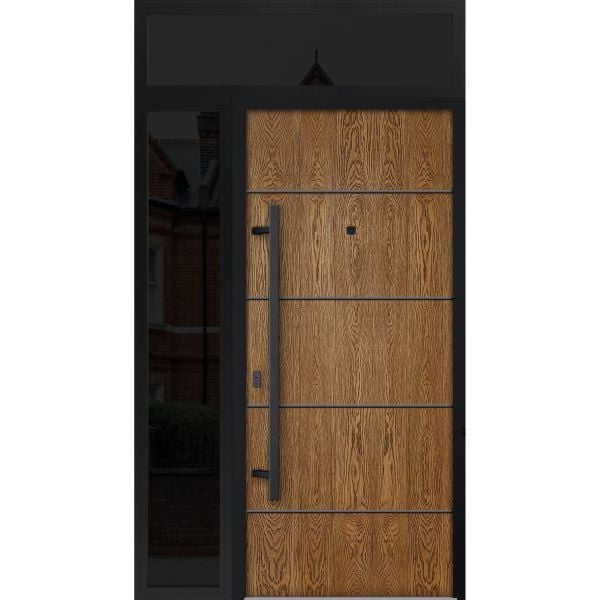 Front Exterior Prehung Steel Door / Deux 6683 Natural Oak / Sidelight and Transom Window Sidelite / Entry Metal Modern Painted W36+16" x H80+16" Right hand Inswing