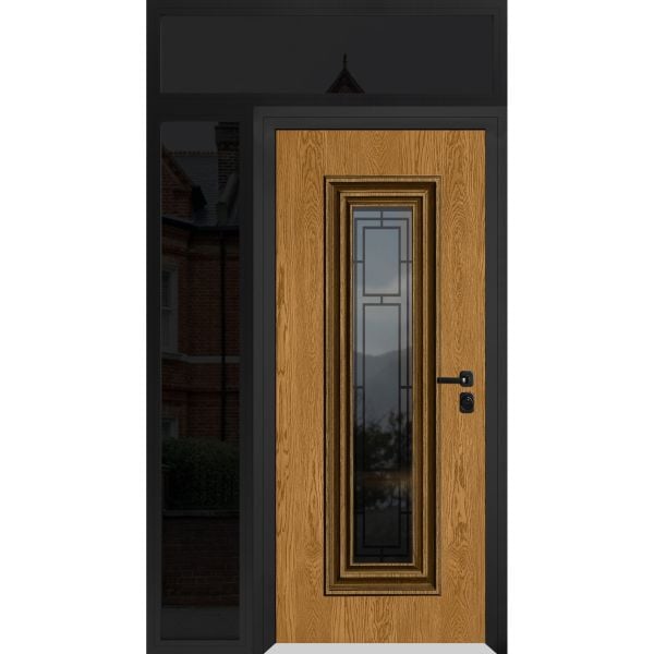 Front Exterior Prehung Steel Door / Ballucio 6644 Natural Oak / Black Side and Top Exterior Window Sidelite / Entry Metal Modern Painted W36+12" x H80+16" Left hand Inswing