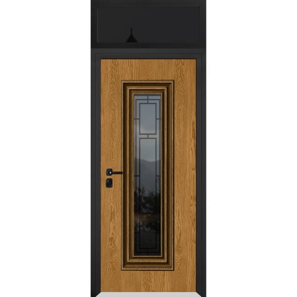 Front Exterior Prehung Steel Door / Ballucio 6644 Natural Oak / Black Top Exterior Window Sidelite / Entry Metal Modern Painted W36" x H80+16" Right hand Inswing