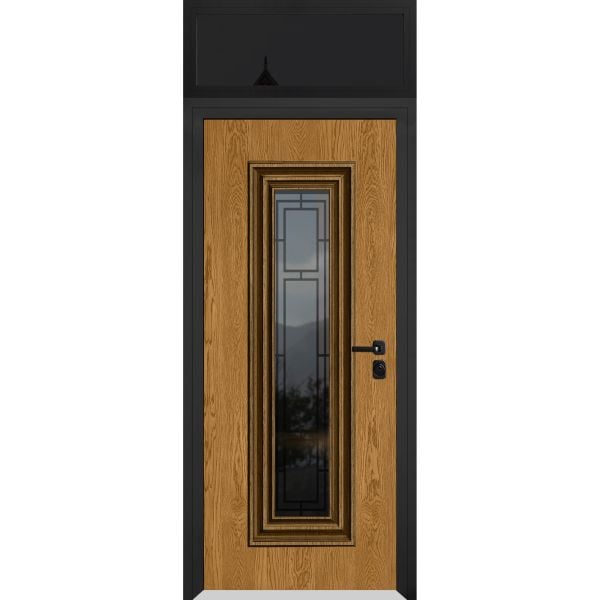 Front Exterior Prehung Steel Door / Ballucio 6644 Natural Oak / Black Top Exterior Window Sidelite / Entry Metal Modern Painted W36" x H80+16" Left hand Inswing