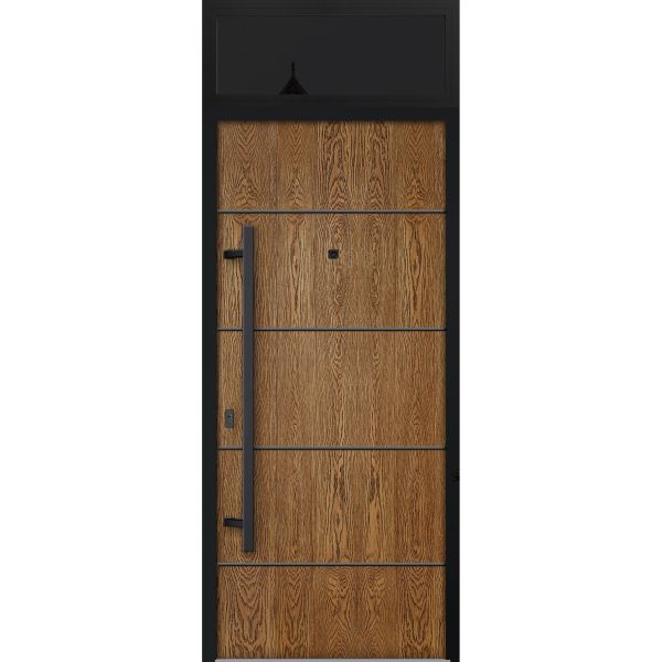 Front Exterior Prehung Steel Door / Deux 6683 Natural Oak / Transom Window Sidelite / Entry Metal Modern Painted W36" x H80+16" Right hand Inswing