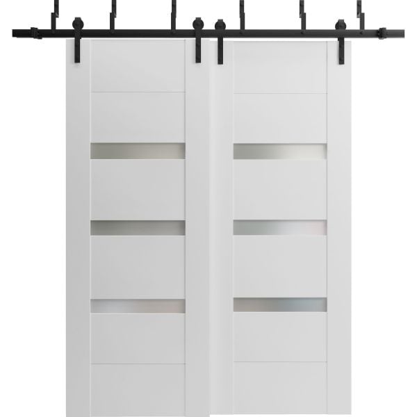 Sliding Closet Barn Bypass Doors / Sete 6900 White Silk with Frosted Glass / Modern 6.6ft Rails Hardware Set / Wood Solid Bedroom Wardrobe Doors 
