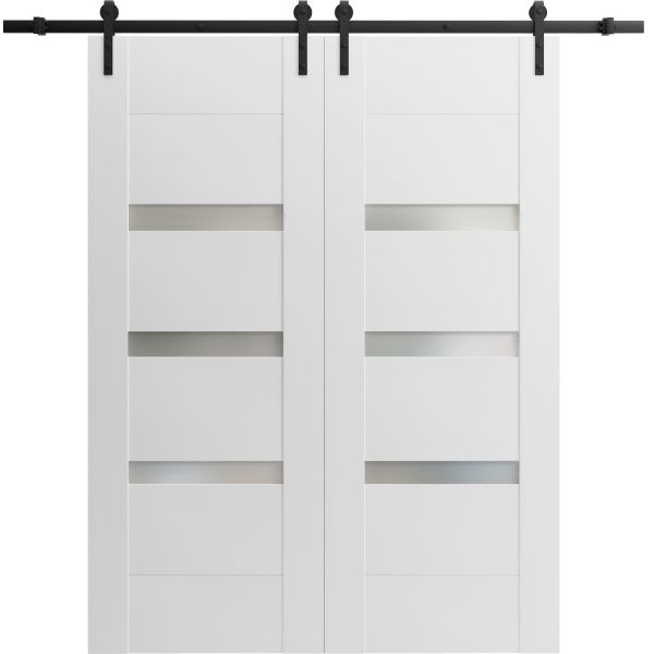 Modern Double Barn Door with Opaque Glass / Sete 6900 White Silk / 13FT Rail Track Set / Solid Panel Interior Doors