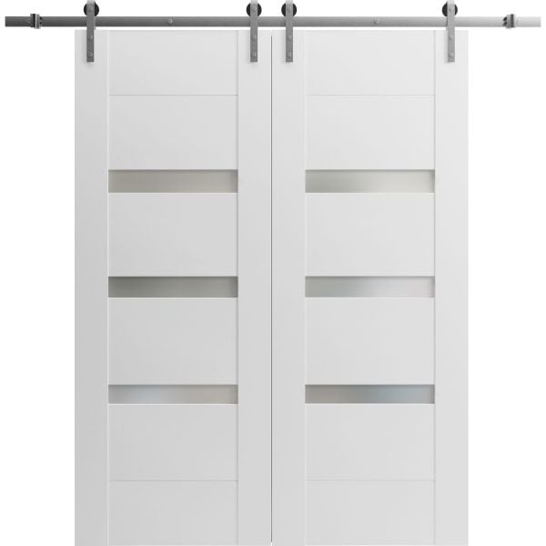 Modern Double Barn Door with 2 Lites / Sete 6900 / 13FT Rail Track Set / Solid Panel Interior Doors-36" x 80"-Silver Rail