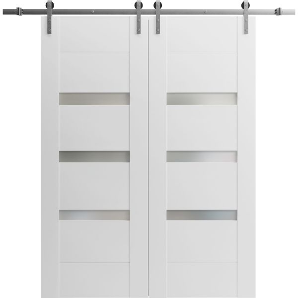 Modern Double Barn Door / Sete 6900 White Silk with Frosted Glass / Stainless Steel 13FT Rail Track Set / Solid Panel Interior Doors