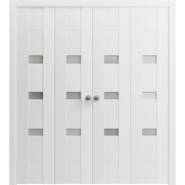 Sliding Closet Double Bi-fold Doors | Sete 6900 White Silk | Sturdy Tracks Moldings Trims Hardware Set | Wood Solid Bedroom Wardrobe Doors 